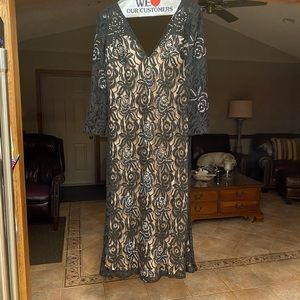 Black Gigi Couture black lace over tan satin gown. Size 12